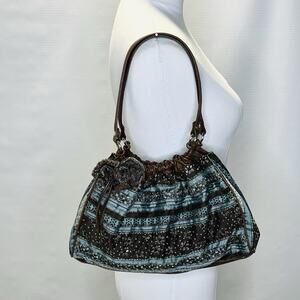 Isabella Fiore Blue Brown Stripe it Rich Beaded Purse Shoulder Bag Flower Accs